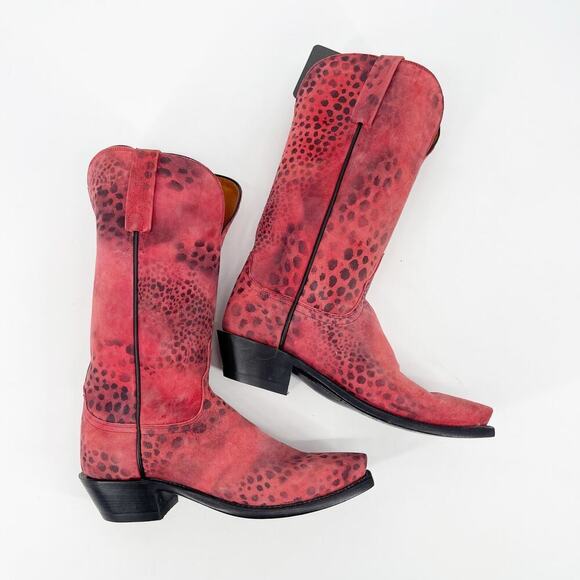 Lucchese Women’s 8 Pink Suede Cheetah Print Snip Toe Western Cowgirl Boots - Picture 3 of 12